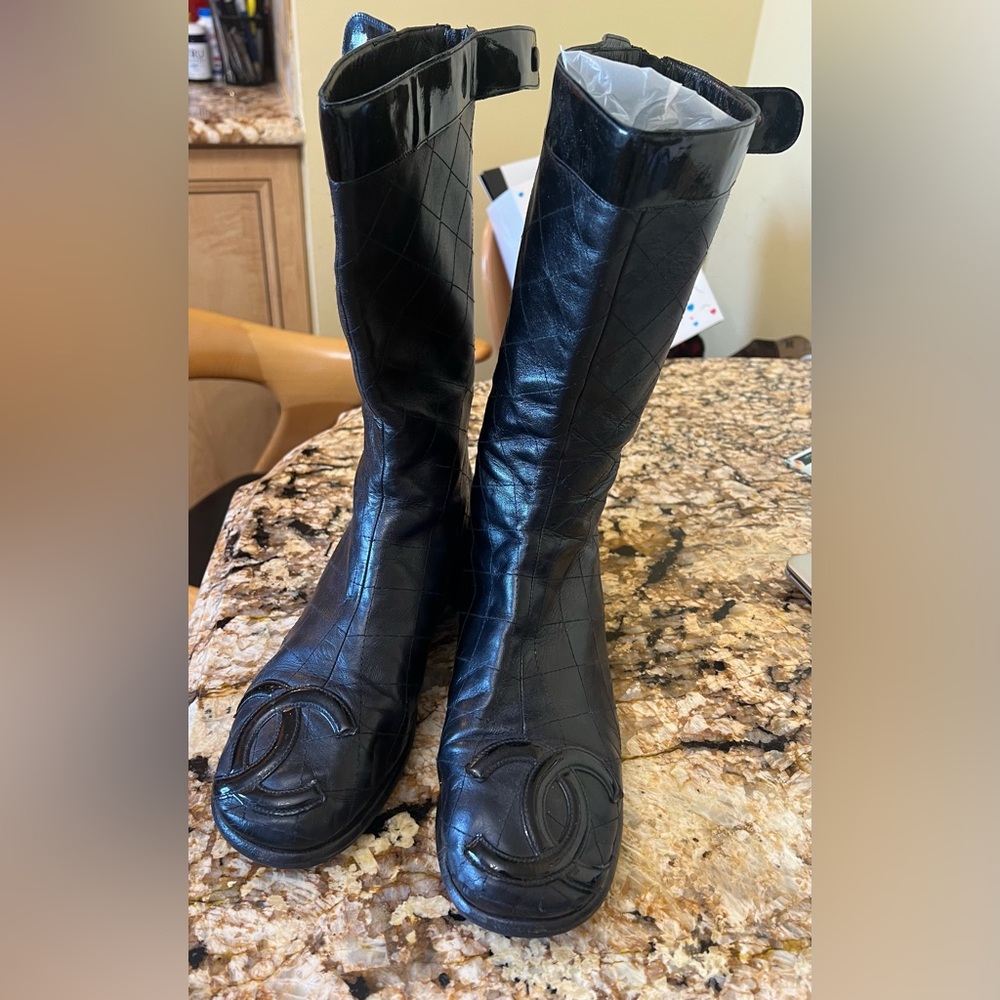 CHANEL Black Leather Knee-High Boots